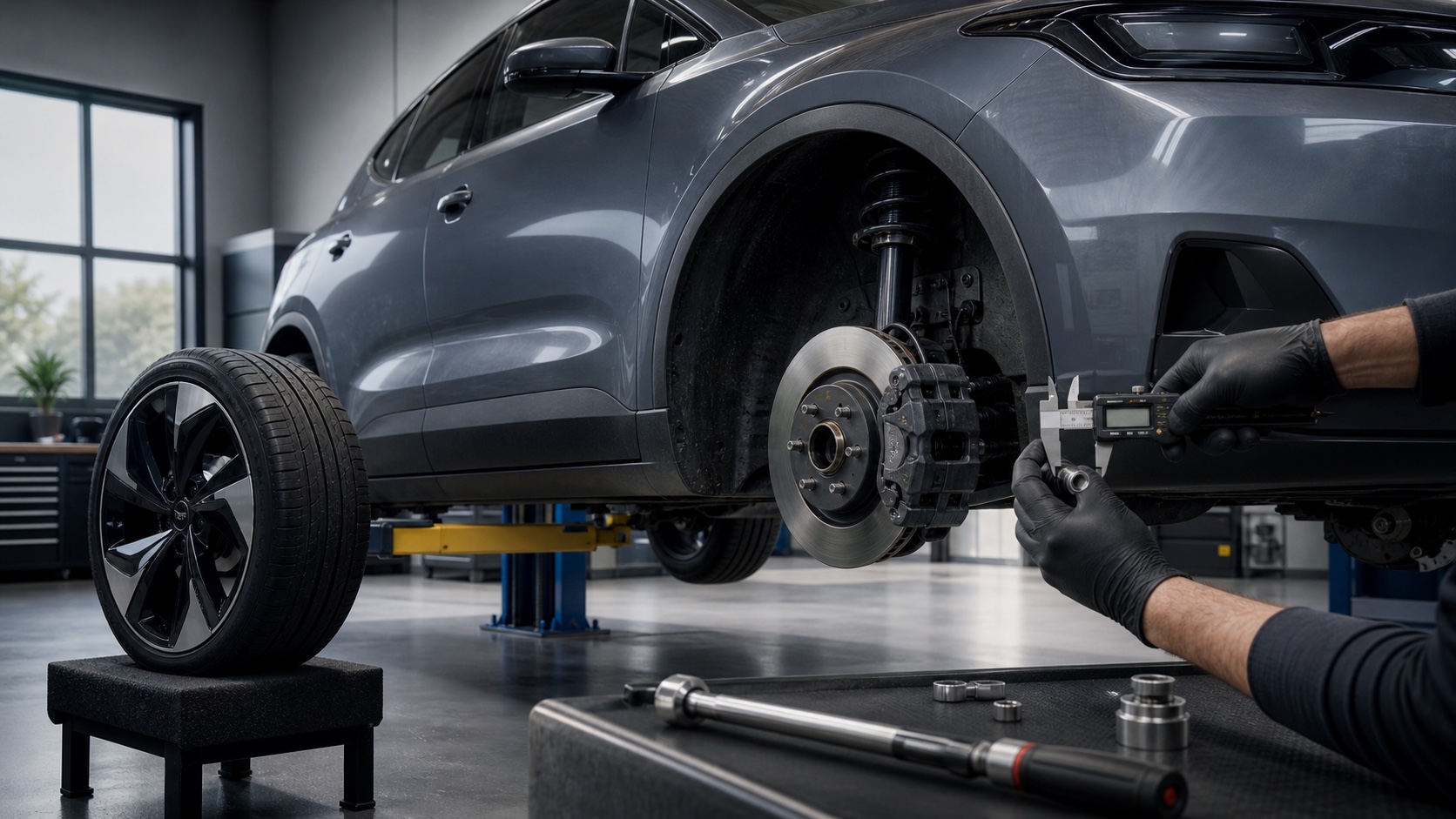 Technician measuring an electric vehicle wheel hub and center bore