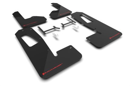 2022-2026 Rivian R1S Black UR Mud Flaps Red Logo - Rally Armor MF108-UR-BLK-RD