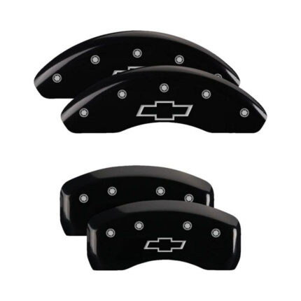 MGP Front & Rear 4 Caliper Covers Engraved Bowtie Black Finish For Chevrolet Bolt EV 2017-2021